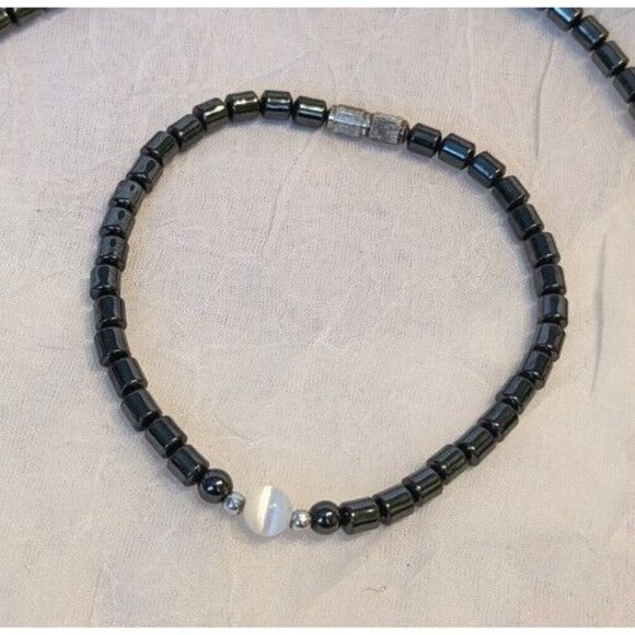 Hematite Beaded Necklace Matching Bracelet Black White Jewelry Stone Style Fun - Picture 5 of 8